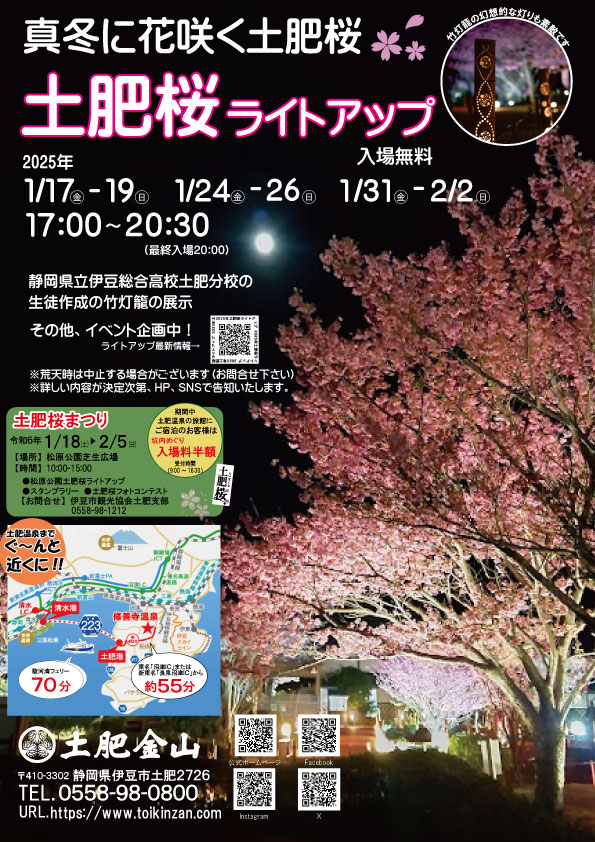 2025年土肥桜ライトアップ
1/31～2/2、2/8～11も追加開催となりました！
イベントは終了しました